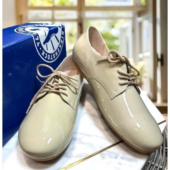 Birkenstock Saunders Durby Napa Leather Lace-Up Oxford Shoes Cloud Patent (New)